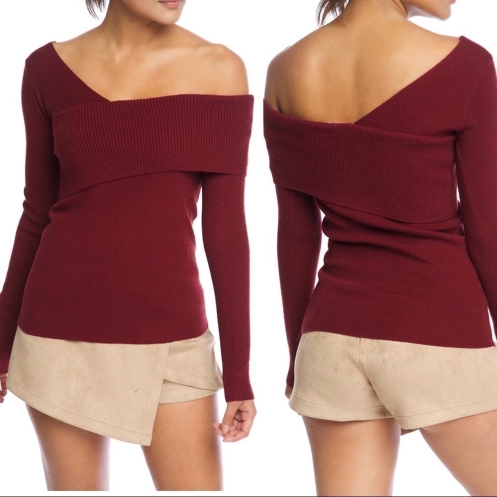 Burgundy One Shoulder Cozy Sweater 💥